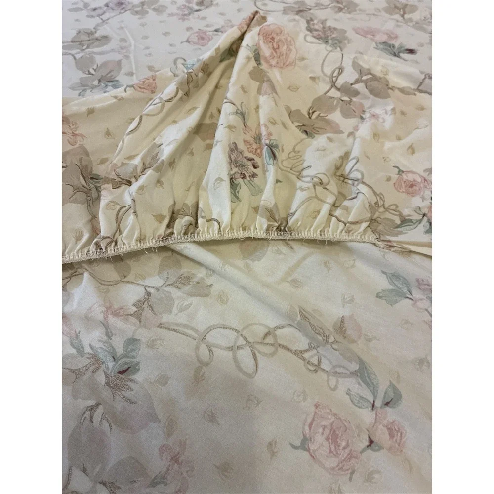 Vintage Cannon No Iron King Sheet Set 4 Piece Floral Flat Fitted 2 Pillowcases